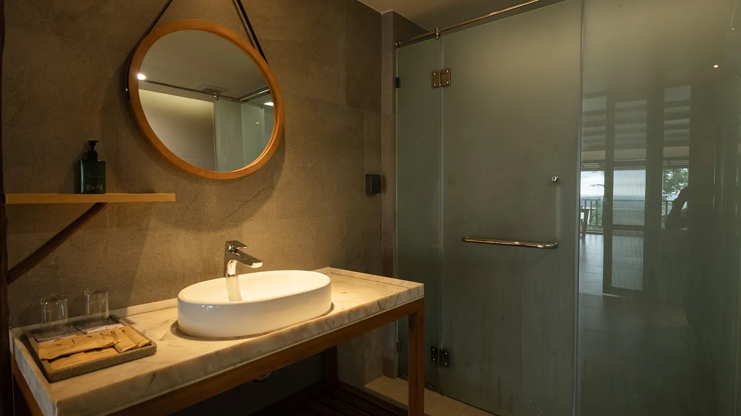 A stylish bathroom in Honeymoon Suite featuring a large mirror, contemporary basin, and glass-enclosed shower